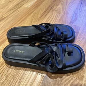 ALOHAS Toe Ring Flop Black Sandals Flats Made Spain Black Leather 41/10.5
